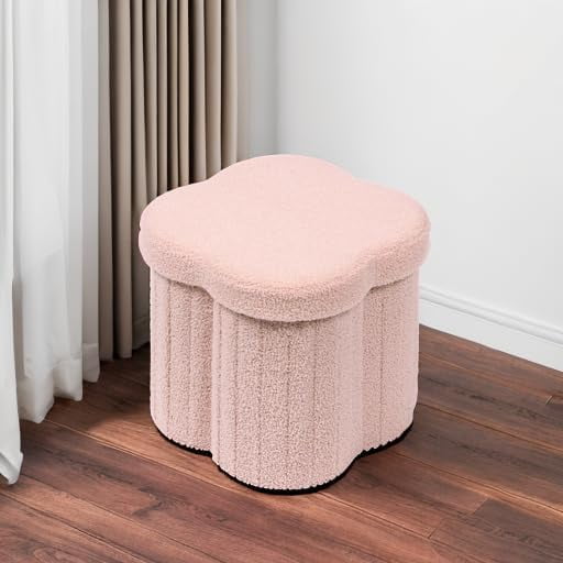 Storage Ottoman Cube, Flowers Shaped Ottomans with Storage Foot Stool Footrest for Lving Room, Boucle Ottoman Seat for Dorm Room,Faux Teddy Fur, Pink 12.6"x12.6"x12.6"