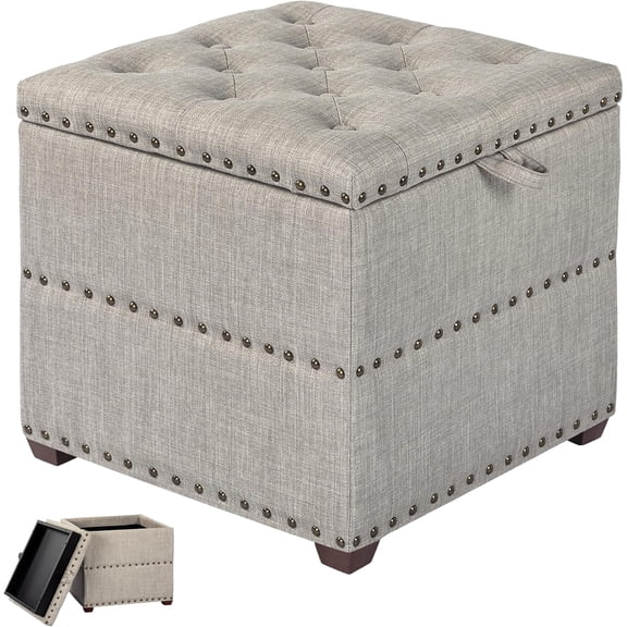 Storage Ottoman Cube Foot Rest Stool Square Coffee Table with Tray Lid (Beige)