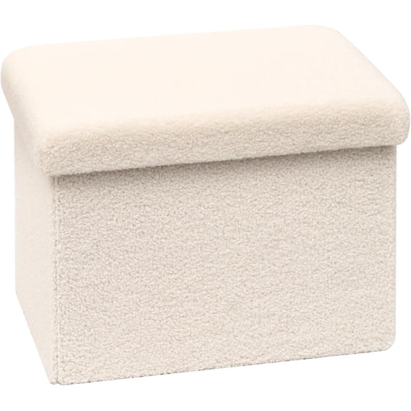 Storage Ottoman Cube Small Sherpa Foot Rest, Foldable Portable Boucle Ottomans, Faux Teddy Fur, Cream White 16.5"x12.6"x12.6"