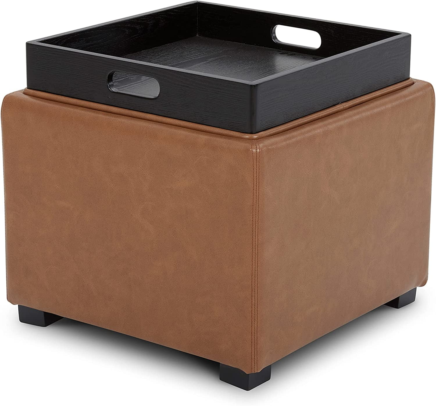 Saddle Brown Faux Leather Storage Ottoman with Tray Lid