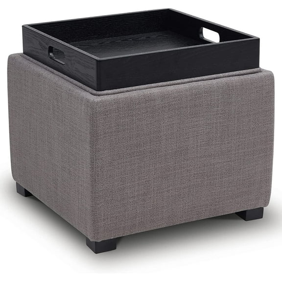 Storage Ottoman Cube with Tray Lid, Small Footstool with Storage, Square End Table for Living Room and Bedroom, Performance Fabric in Flint Grey