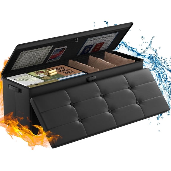 Storage Ottoman, Fireproof Folding Bench with Lock(15"x 43"x15"), Water-Resistant & Heat Insulation Large Storage Chest with Handles&2 Extra Boxes Safe for Room, , , Black