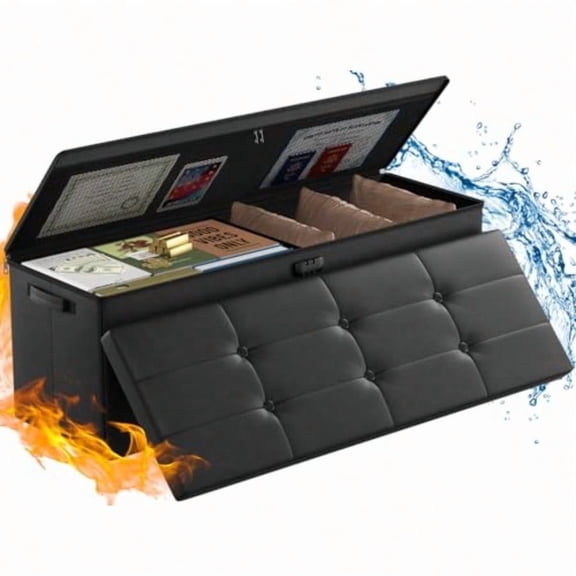 Storage Ottoman Fireproof Folding Bench with Lock 15x 43x15 Water-Resistant Heat Insulation Large Storage Chest with Handles2 Extra Boxes Safe for Living Room Bedroom Home Black