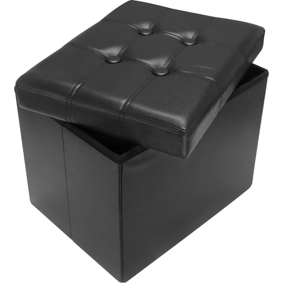 Storage Ottoman Folding Foot Rest Stool, Leather Footstool Bench, Short Ottoman Stool, Storage Foot Rest Store, Books (Black, 17" D x 13" W x 13" H)