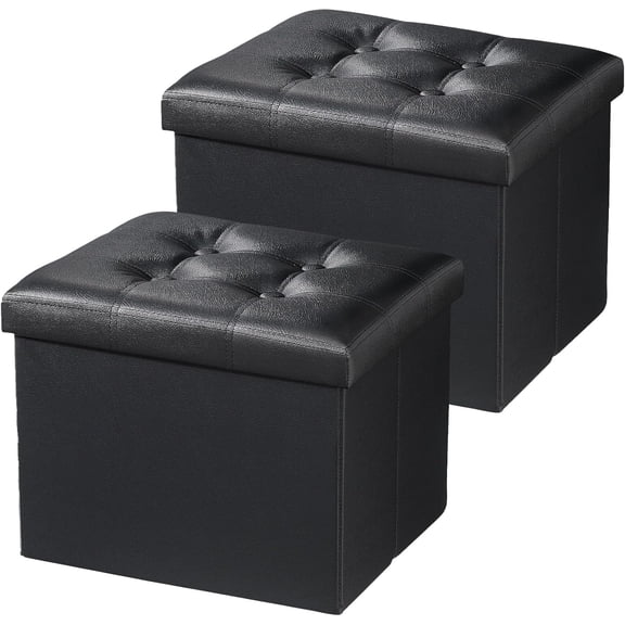 Storage Ottoman Folding Foot Rest Stool, Leather Footstool Bench, Short Ottoman Stool, Storage Foot Rest Store, Books (Black-2pc, 17" D x 13" W x 13" H)