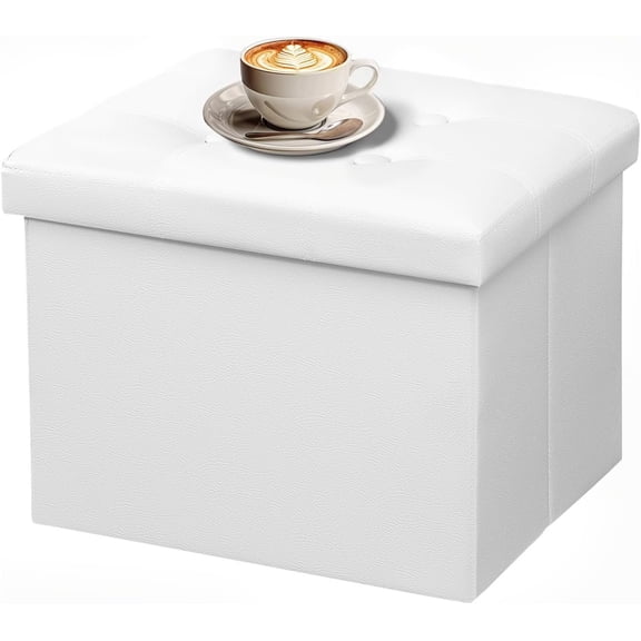 Storage Ottoman Folding Foot Rest Stool, Leather Footstool Bench, Short Ottoman Stool, Storage Foot Rest Store, Books (White, 17" D x 13" W x 13" H)