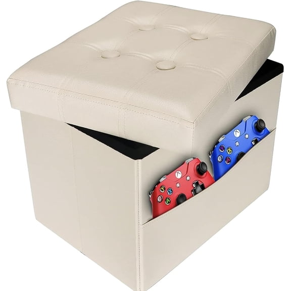 Storage Ottoman Folding Foot Rest Stool with Side Pocket, 16 Leather Footstool Bench, Short Ottoman Bench, Storage Foot Rest Store, Books, Beige