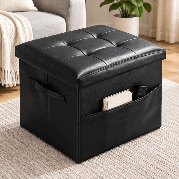 Storage Ottoman Foot Rest Bench with Side Pocket, Small Faux Leather Ottoman with Storage, Foot Stool with Storage for Living Room, Bedroom, Entryway, Dorm. 350LBS, 17x12.6x12.6in, Black.