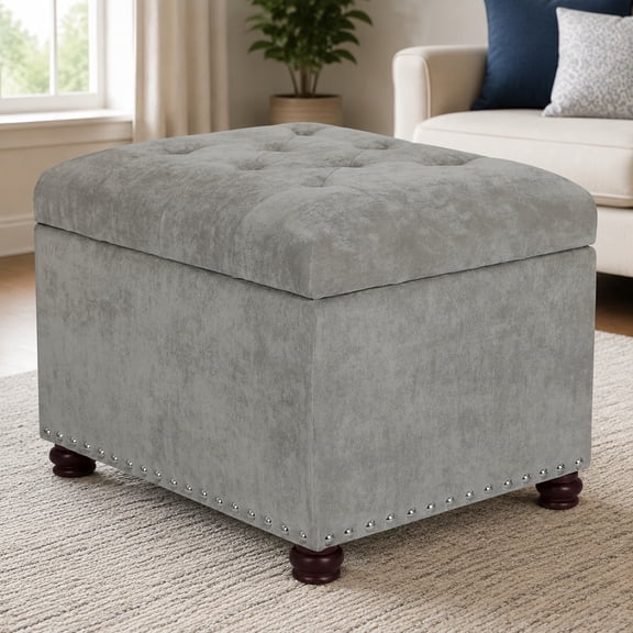 Storage Ottoman Foot Rest Stool, 24" Velvet Footstool Bench for Living Room Bedroom, Light Grey, Upholstered Storage Seat