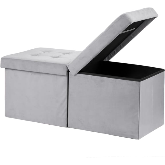 ® Storage Ottoman Foot Rest Stool, 34 inch Velvet Footstool Bench, Short Ottoman Stool, Small Folding Storage Ottoman Store Books, Records, Grey