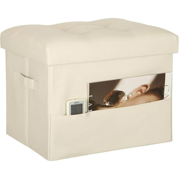 Storage Ottoman Foot Rest Stool, Folding Leather Footstool Bench with Thicker Foam Padded Seat. Short Foot Stool Ottoman with Storage for Living Room Bedroom 350 lbs, 17x13x13in, Beige