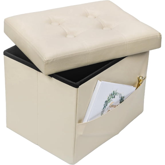 Storage Ottoman Foot Rest Stool, Small Leather Storage Ottomans Bench, Folding Footstool with Side Pockets, Foot Rest Under Desk for Living Room Bedroom, 17x13x13 in, Beige