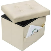 Storage Ottoman Foot Rest Stool, Small Leather Storage Ottomans Bench, Folding Footstool with Side Pockets, Foot Rest Under Desk for Living Room Bedroom, 17x13x13 in, Beige