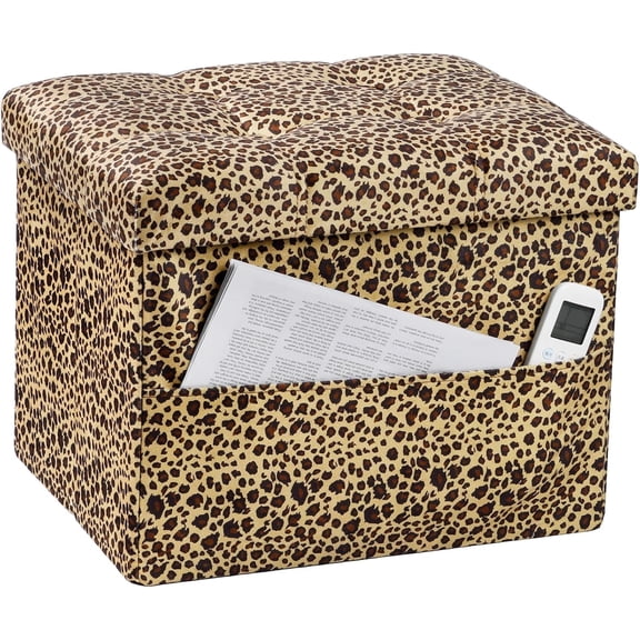 Storage Ottoman Foot Rest Stool, Small Velvet Storage Ottomans Bench, Folding Footstool with Side Pockets, Foot Rest Under Desk for Living Room Bedroom, 17x13x13 in, Leopard Print