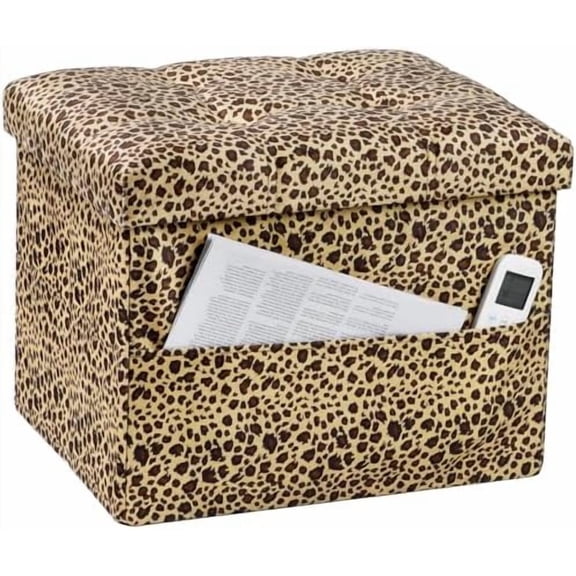 Storage Ottoman Foot Rest Stool, Small Velvet Storage Ottomans Bench, Folding Footstool with Side Pockets, Foot Rest Under Desk for Living Room Bedroom, 17x13x13 in, Leopard Print