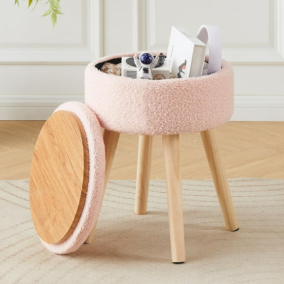 Storage Ottoman Foot Stool Teddy Velvet Round Vanity Stool Tray Top Footstool with Wood Legs Upholstered Foot Rest Ottoman for Living Room, Bathroom, Makeup (Pink)