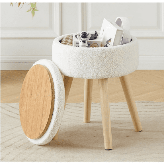 Storage   Teddy Velvet Round  Tray Top Footstool with gs Upholstered Foot Rest  for Living Room, Bathroom, Makeup (White)