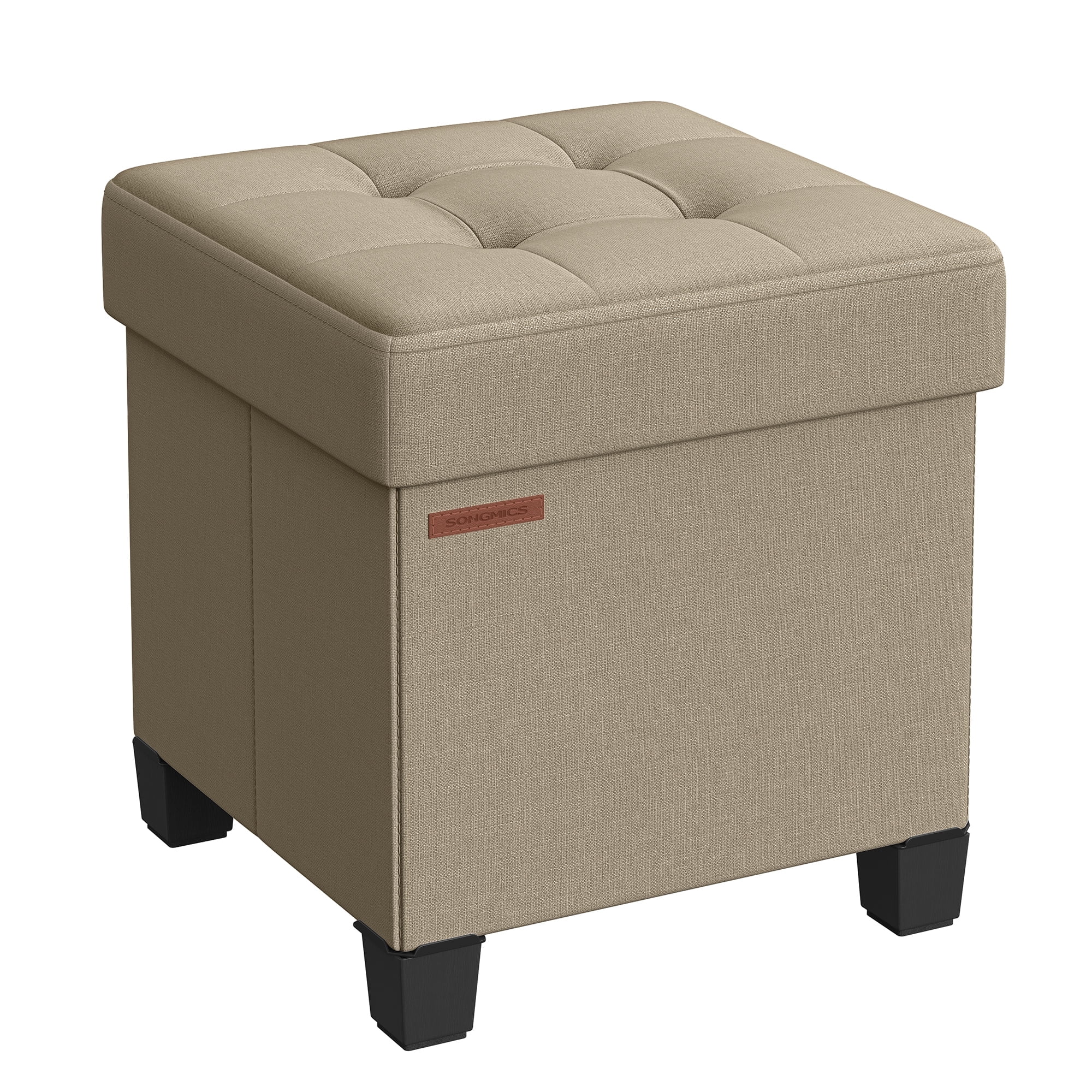 Storage Ottoman Foot Stool with Tufted Linen-Look, 15 x 15 x 15.7 Inches, 660 lb Capacity, Foldable for Living Room, Bedroom & Dorm, Camel Brown