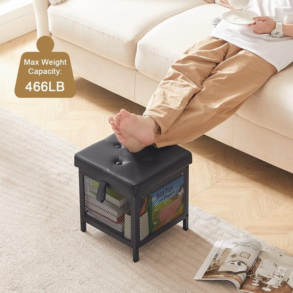 Storage Ottoman, Footrest Footstool, 13.8 Small Square Ottoman Cube for Living Room Bedroom, Faux Leather Ottoman Storage Cubes with Lids, Holds to 466 lbs, Black