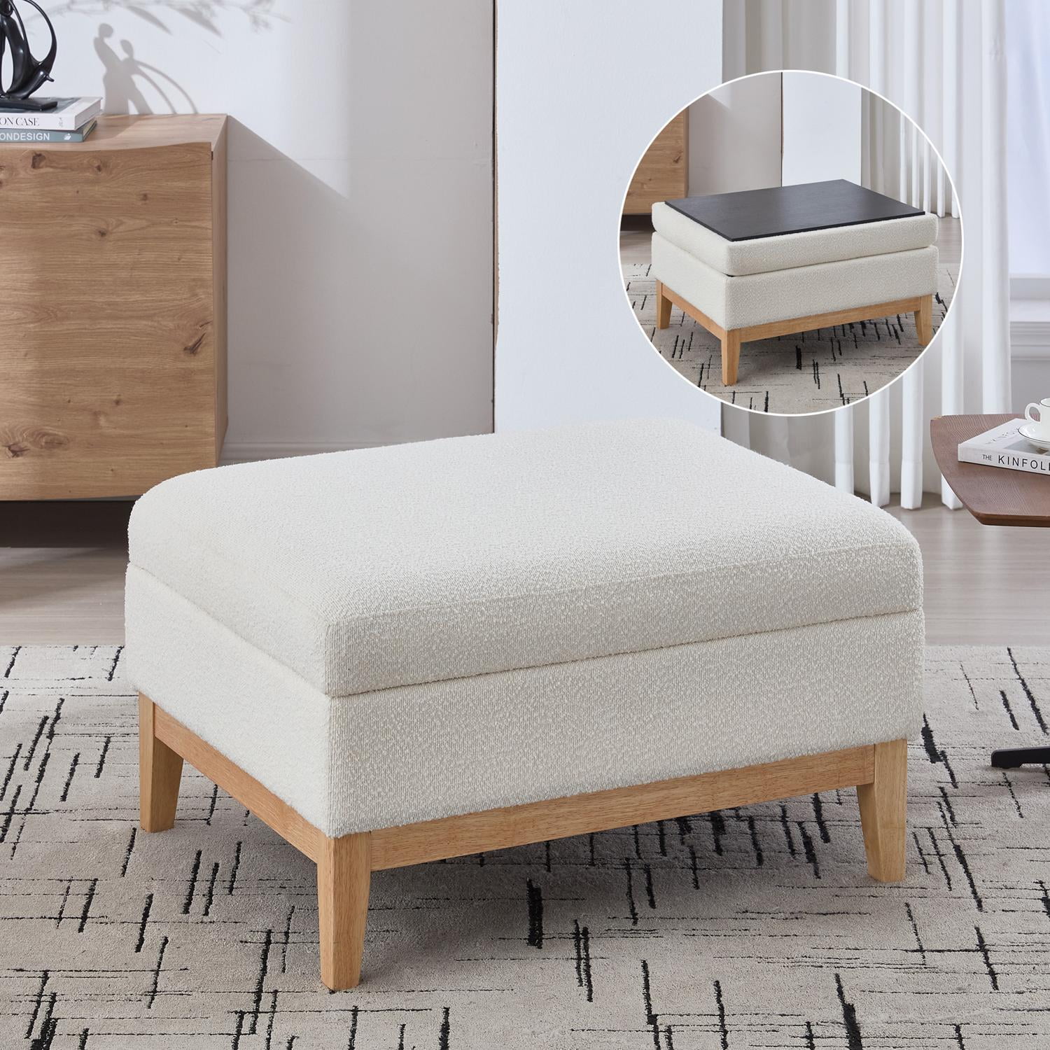 Storage Ottoman, Ivory Boucle Fabric with Reversible Wooden Tray Lid and Hidden Storage, 33.86 Inch Square Footstool Coffee Table, Natural Rubber Wood Legs, 300 lb Capacity