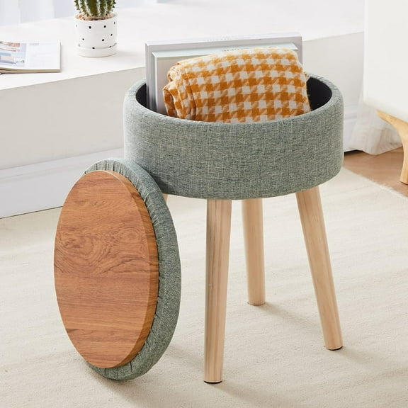 Storage Ottoman Linen Round Vanity Stool Tray Top Modern Foot Stool with Wood Legs Multifunctional Upholstered Foot Ottoman Rest for Living Room, Bathroom, Makeup (Green)