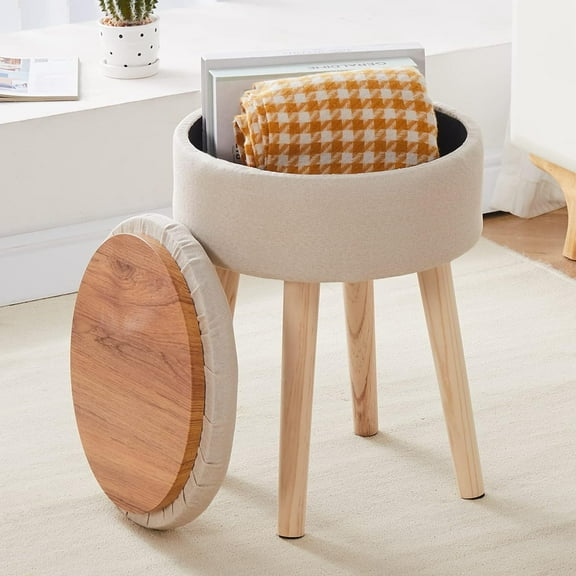 Storage Ottoman Linen Round Vanity Stool Tray Top Modern Foot Stool with Wood Legs Upholstered Foot Ottoman Rest for Living Room, Bathroom, Makeup (Beige)