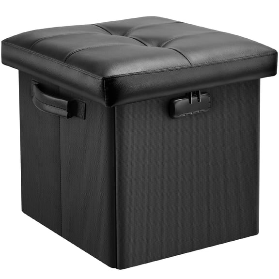 Storage Ottoman with Lock,Fireproof Folding Ottoman Foot Rest Stool Storage Chest with Storage Safe for Important Documents,Waterproof 13 Inches Short Ottoman Foot Stool with Handles,Black
