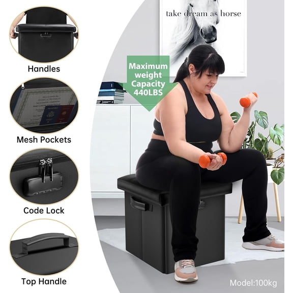 Storage Ottoman with Lock,Fireproof Folding Ottoman Foot Rest Stool Storage Chest with Storage Safe for Important Documents,Waterproof 13 Inches Short Ottoman Foot Stool with Handles,Black