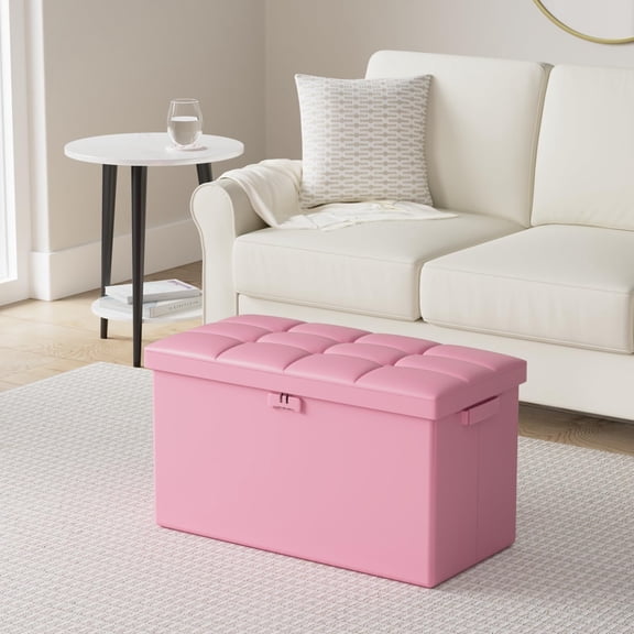 Storage Ottoman with Lock,Fireproof Folding Ottoman Foot Rest Stool Storage Chest with Storage Safe for Important Documents,Waterproof 17 Inches Short Ottoman Foot Stool with Handles,Black