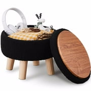Storage Ottoman, Modern Round Footrest with Soft Padded Seat, Teddy Velvet Footstool with Wood Legs, Accent Small Table or Plant Stand for Hallway, Living Room (Black)