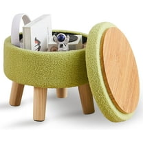 Storage Ottoman, Modern Round Footrest with Soft Padded Seat, Teddy Velvet Footstool with Wood Legs, Accent Small Table or Plant Stand for Hallway, Living Room (Brilliant Green)