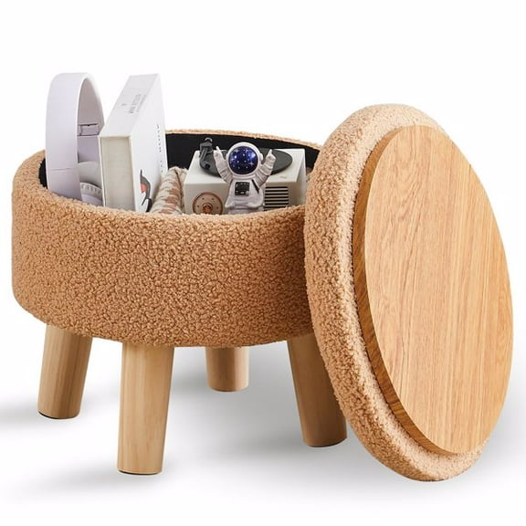 Storage Ottoman, Modern Round Footrest with Soft Padded Seat, Teddy Velvet Footstool with Wood Legs, Accent Small Table or Plant Stand for Hallway, Living Room (Champagne)