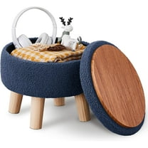 Storage Ottoman, Modern Round Footrest with Soft Padded Seat, Teddy Velvet Footstool with Wood Legs, Accent Small Table or Plant Stand for Hallway, Living Room (Grey-Blue)