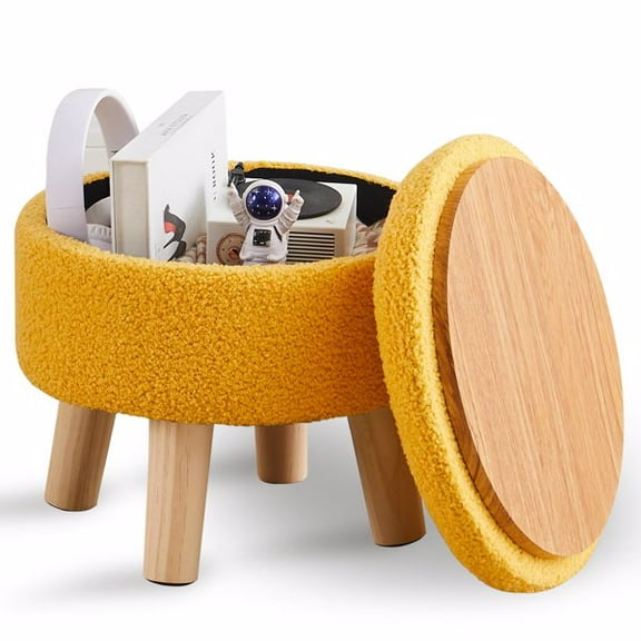 Storage Ottoman, Modern Round Footrest with Soft Padded Seat, Teddy Velvet Footstool with Wood Legs, Accent Small Table or Plant Stand for Living Room (Brilliant Yellow)