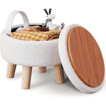 Storage Ottoman, Modern Round Footrest with Soft Padded Seat, Teddy Velvet Footstool with Wood Legs, Accent Small Table Or Stand for Hallway, Living Room