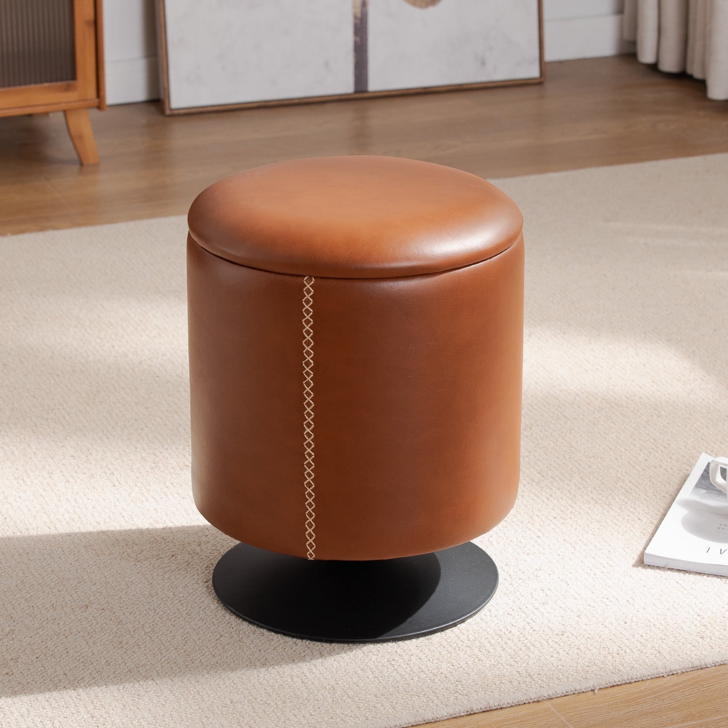Storage Ottoman Ottoman, Faux Leather Round Ottoman/ Coffee Table with
