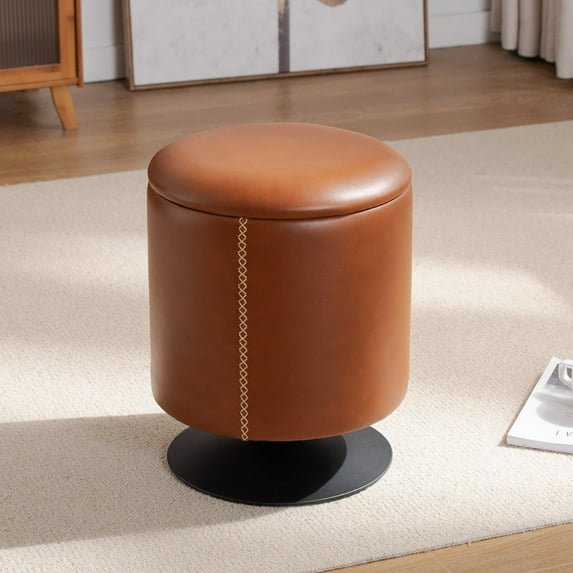 Storage Ottoman Ottoman, Faux Leather Round Ottoman/ Coffee Table with Metal Rotatable Chassis, Brown