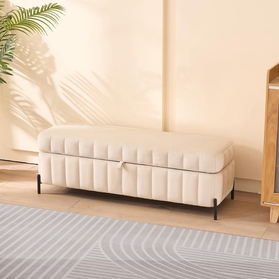 Storage Ottoman - Ottoman with Storage, 49.21" Wide Upholstered Velvet End of Bed Bench, Living Room Furniture Footstool with Metal Legs (Beige)