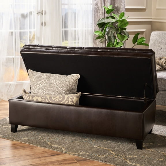 Storage Ottoman | Provide Extra Storage for Linens and Games | Solid Wood Frame with Faux Leather Upholstery | Keep Clutter Hidden