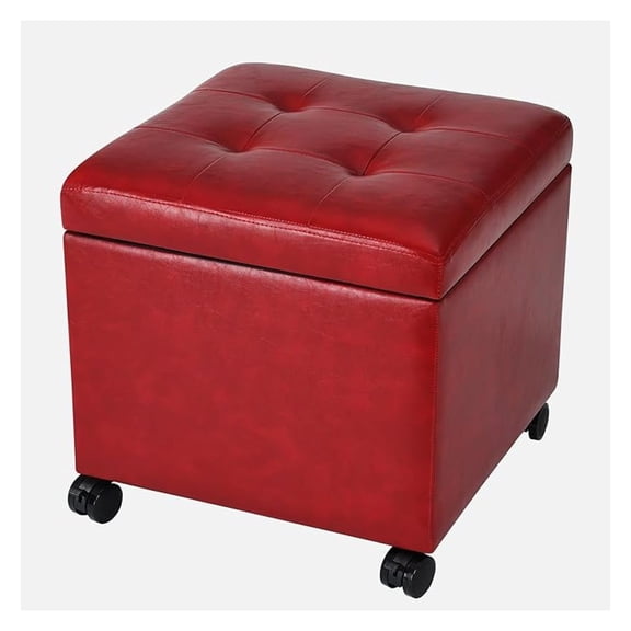 Storage Ottoman with Rolling Wheels, PU Leather Tufted Cube Footrest with Casters, 17.7" Square Tufted Distressed Ottomans for Living Room,Bedroom, 300lb Capacity