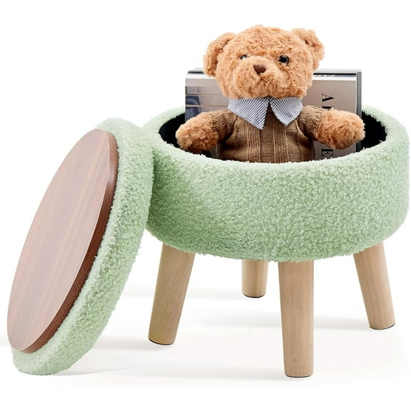 Storage Ottoman, Round Footstool with Soft Padded Seat, Small End Table with 4 Wood Legs, Teddy Velvet Foot Rest for Couch,Shoe Changing Stool for Living Room (Light Green)