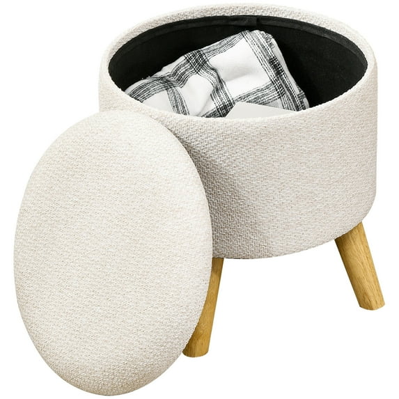 Storage Ottoman, Round Footstool with Cushioned Top, Cream White