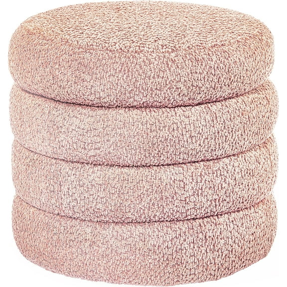 Storage Ottoman, Round Ottoman with Storage, Vanity Stool Foot Rest with Removable Lid, Round Boucle Upholstered for Living Room Pouf Footstool (Pink)