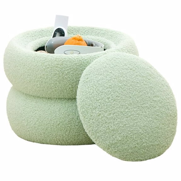 Storage Ottoman, Round Teddy Velvet Footrest with Tray, Macaron-Shaped Stool, Modern Side Table, Small Ottoman for Living Room, Bedroom, and Hallway Decor- Green