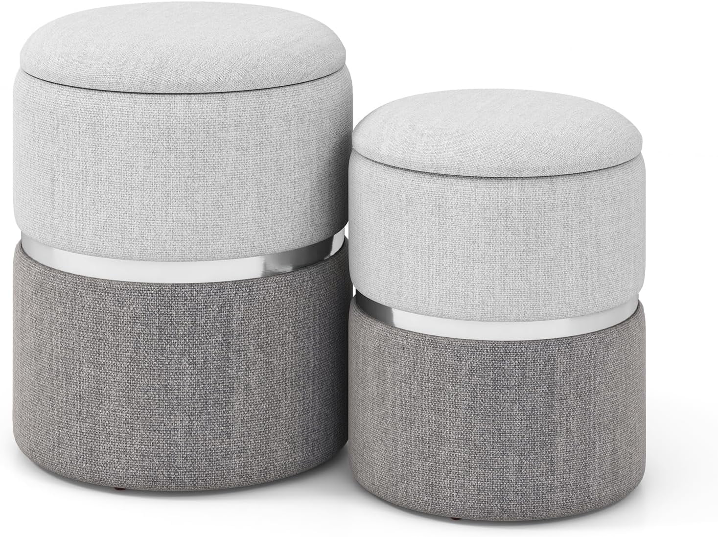 Stackable Footstools Storage Ottoman Set of 2, Modern Round Ottoman with Storage ...