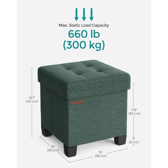 Storage Ottoman, Small Ottoman Foot with , 15 x 15 x 15.7 Inches Foot Stool, Load to 660 lb, for Living Room, Bedroom, Dorm, Retro Green ULSF014C01