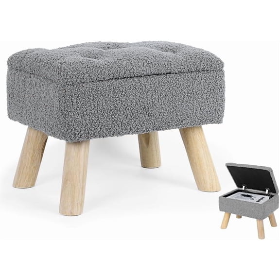 Storage Ottoman, Small Storage Ottoman Foot Stool with Wood Legs, Teddy Velvet Rectangular Foot Rest for Chair, Soft Sponge White Footstool for Living Room, Couch, Bedroom, Dorm (Grizzly)