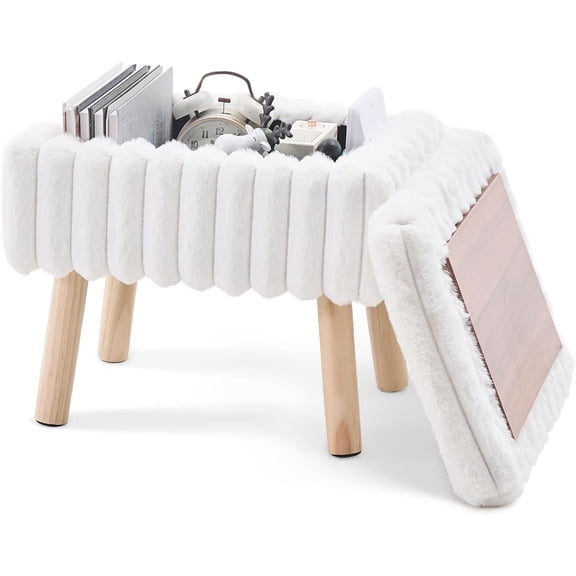 Storage Ottoman,Soft Faux Fur Footstool with Padded Seat, Small Reading Vanity Chair, Footrest with Wood Tray for Couch, Mini Coffee Table or Display Stand (Cream)