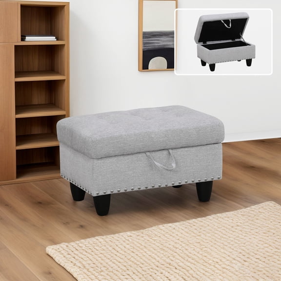 Storage Ottoman Tufted Footrest Stools with Nailhead Trim Fabric Ottoman Bench for Bedroom Living Room Entryway for Living Room, Light Grey