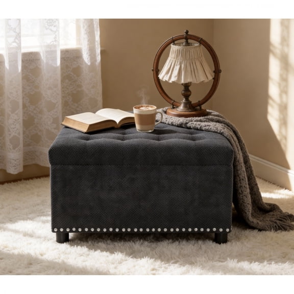 Storage Ottoman, Tufted Footstool with Nailhead Trim, Square Storage Ottoman, Upholstered Coffee Table for Bedroom Storage, Living Room Accent, Small Space Furniture & Home Decor,Black